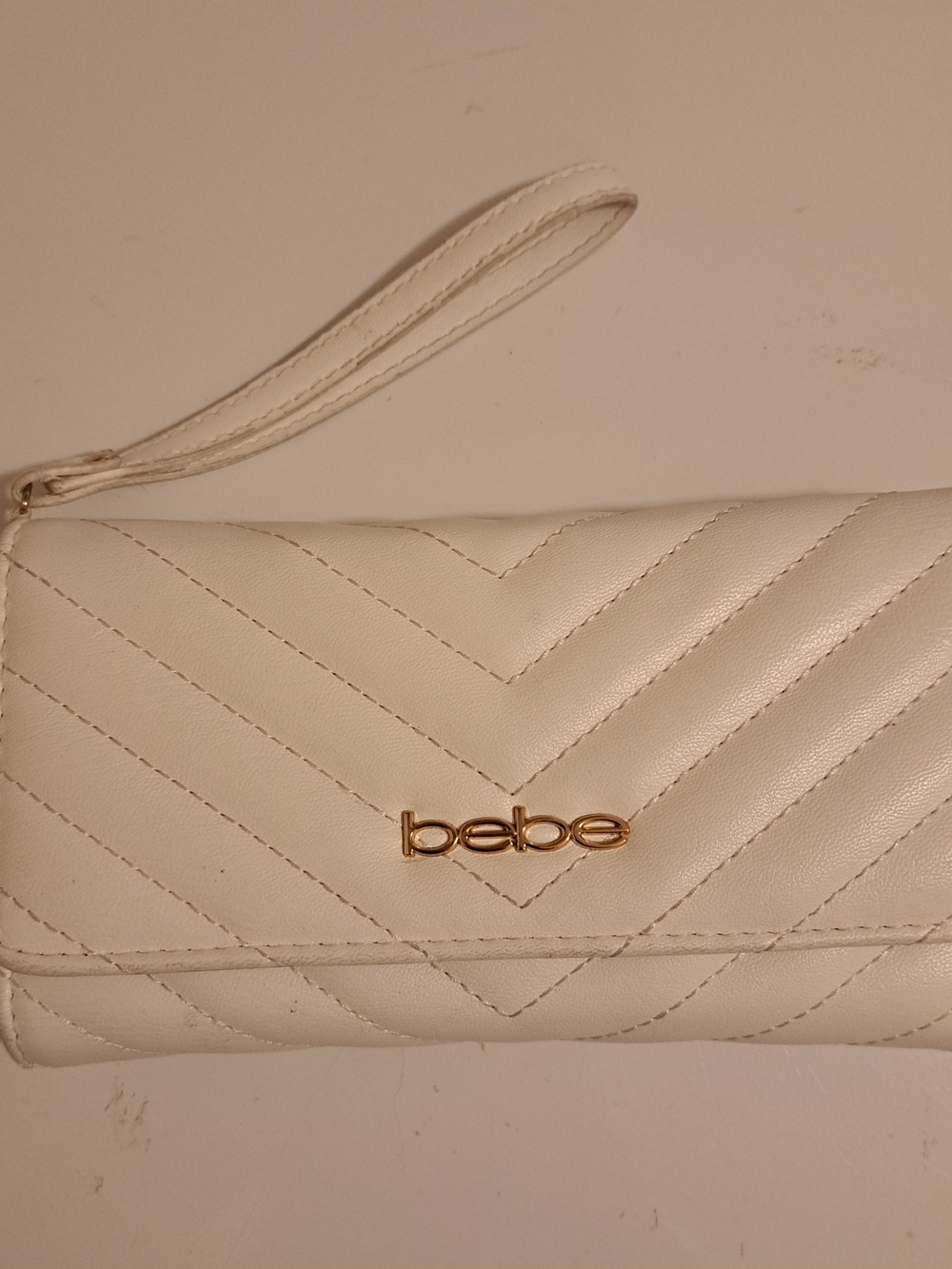 bebe White/Cream Quilted Wristlet with Gold Logo